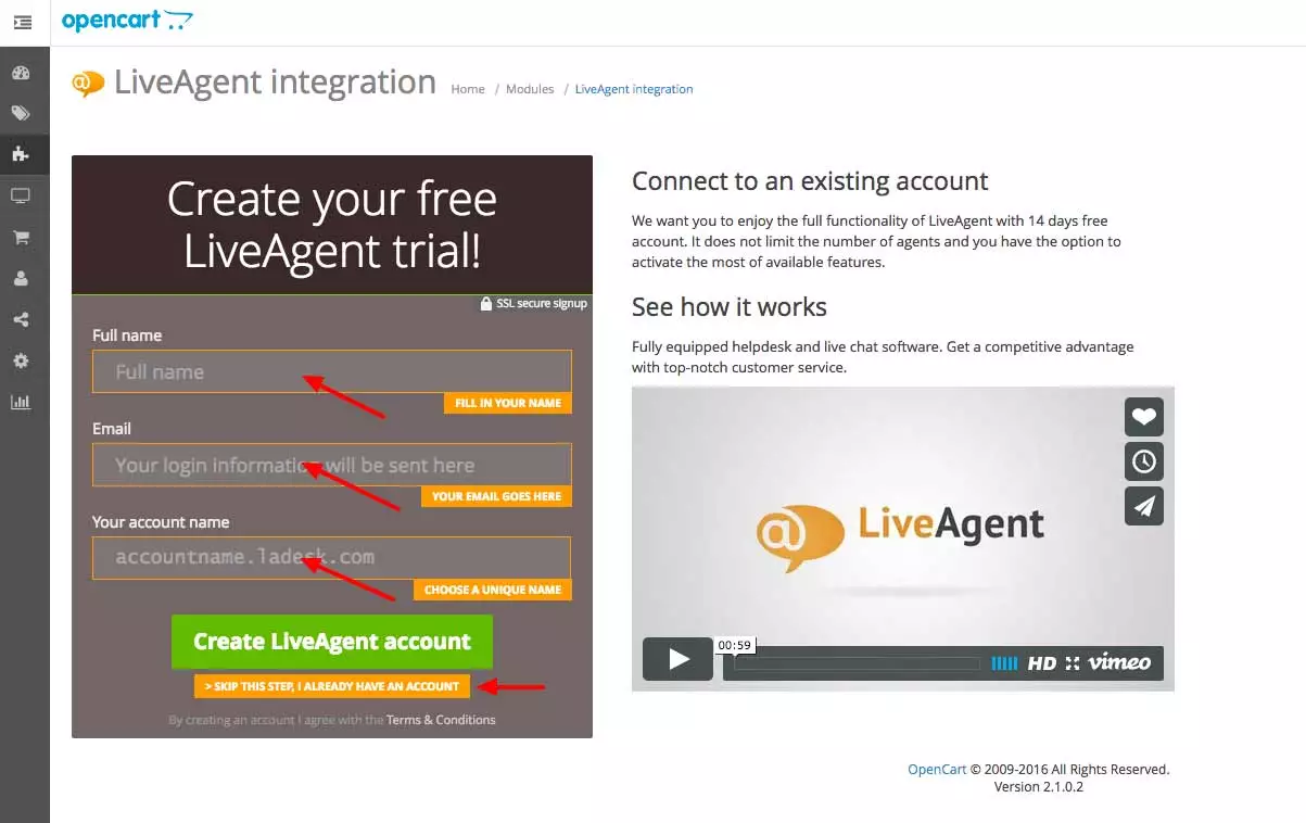 Integração OpenCart LiveAgent - Inserir credenciais