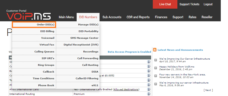 Seção de números DID em VoIP.ms