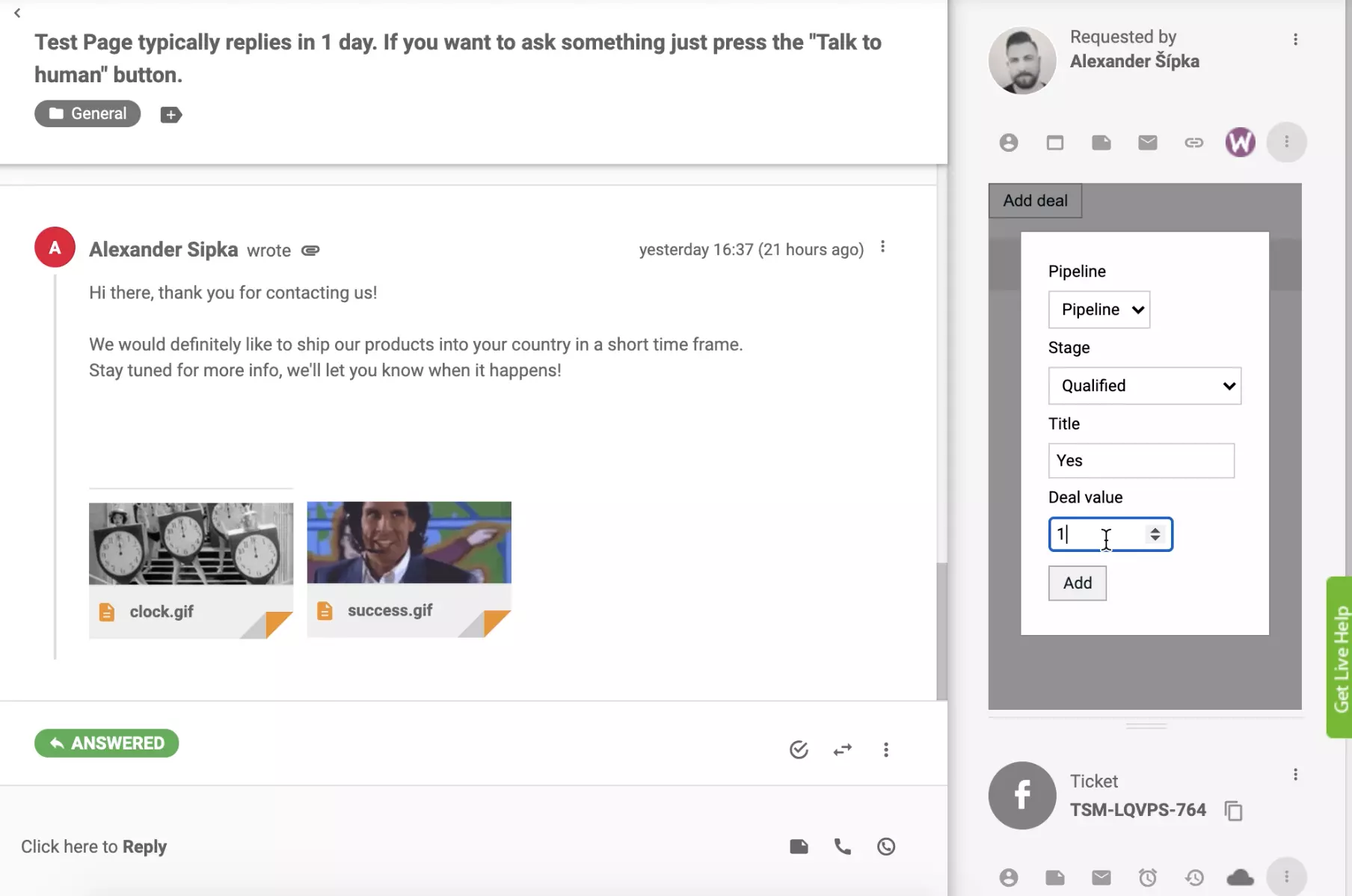 Adicionar um negócio com integração CRM PipeDrive na visualização de ticket LiveAgent