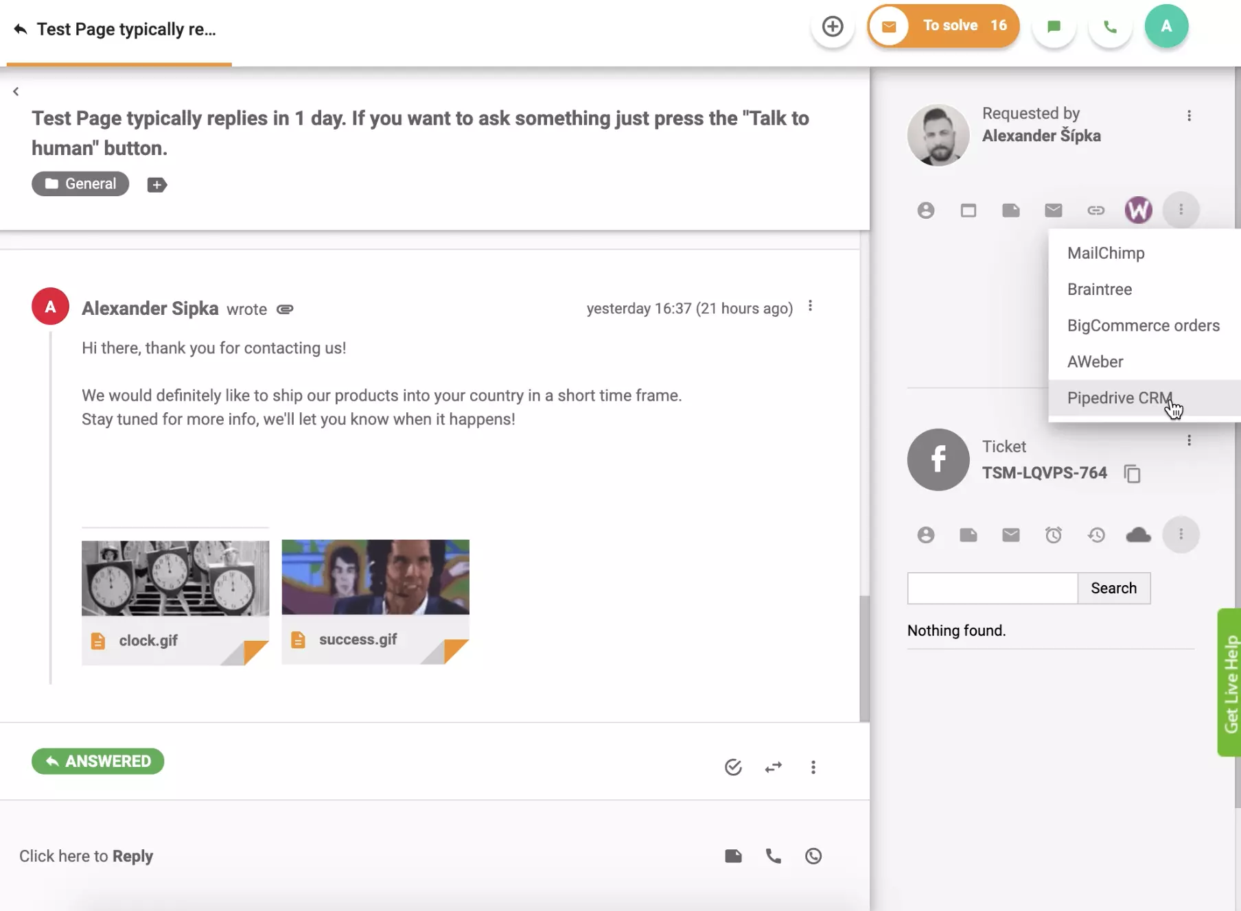 CRM PipeDrive está ativo na visualização de ticket LiveAgent