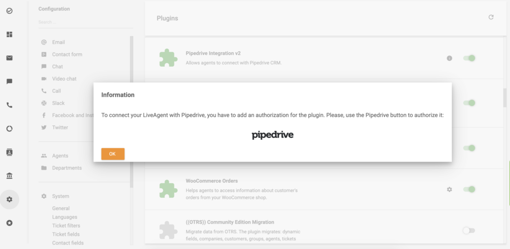 Clique no ícone PipeDrive para continuar com a integração PipeDrive para LiveAgent