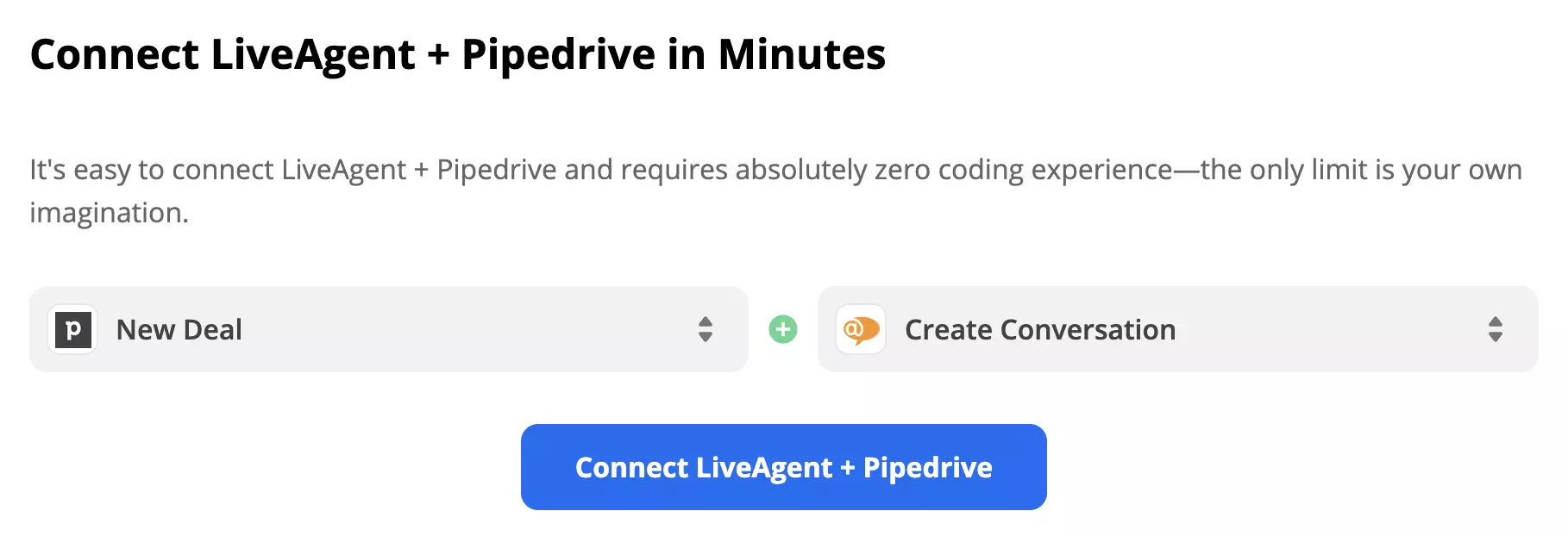 Gatilho PipeDrive e ação LiveAgent selecionados no Zapier