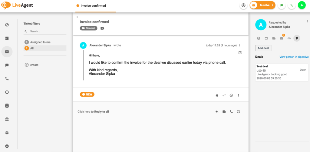 Negócio PipeDrive em LiveAgent