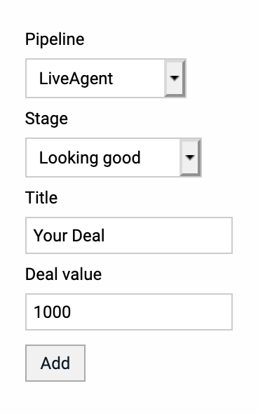 Criando um novo negócio na integração PipeDrive do LiveAgent