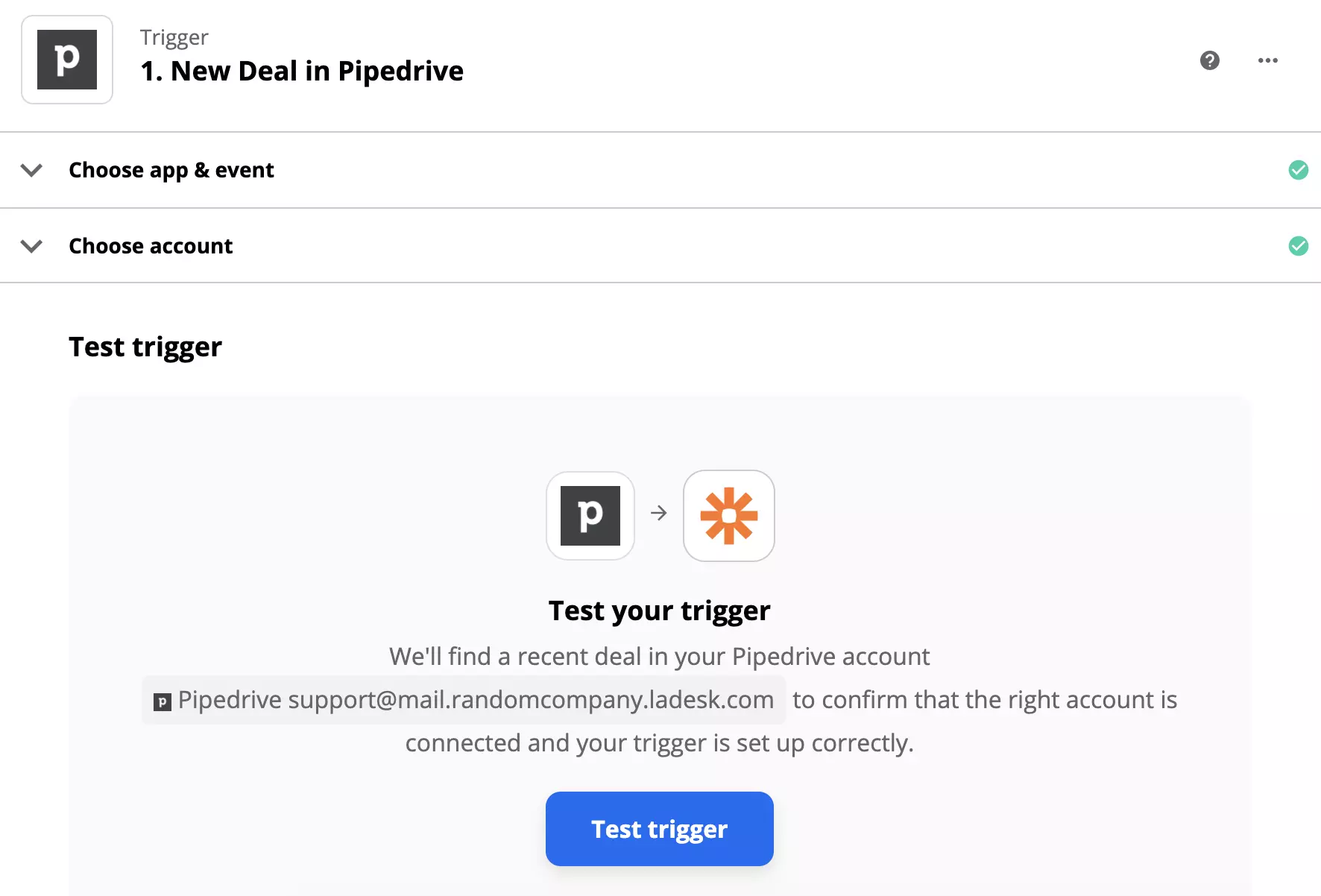 Teste de gatilho PipeDrive após configuração do gatilho no Zapier