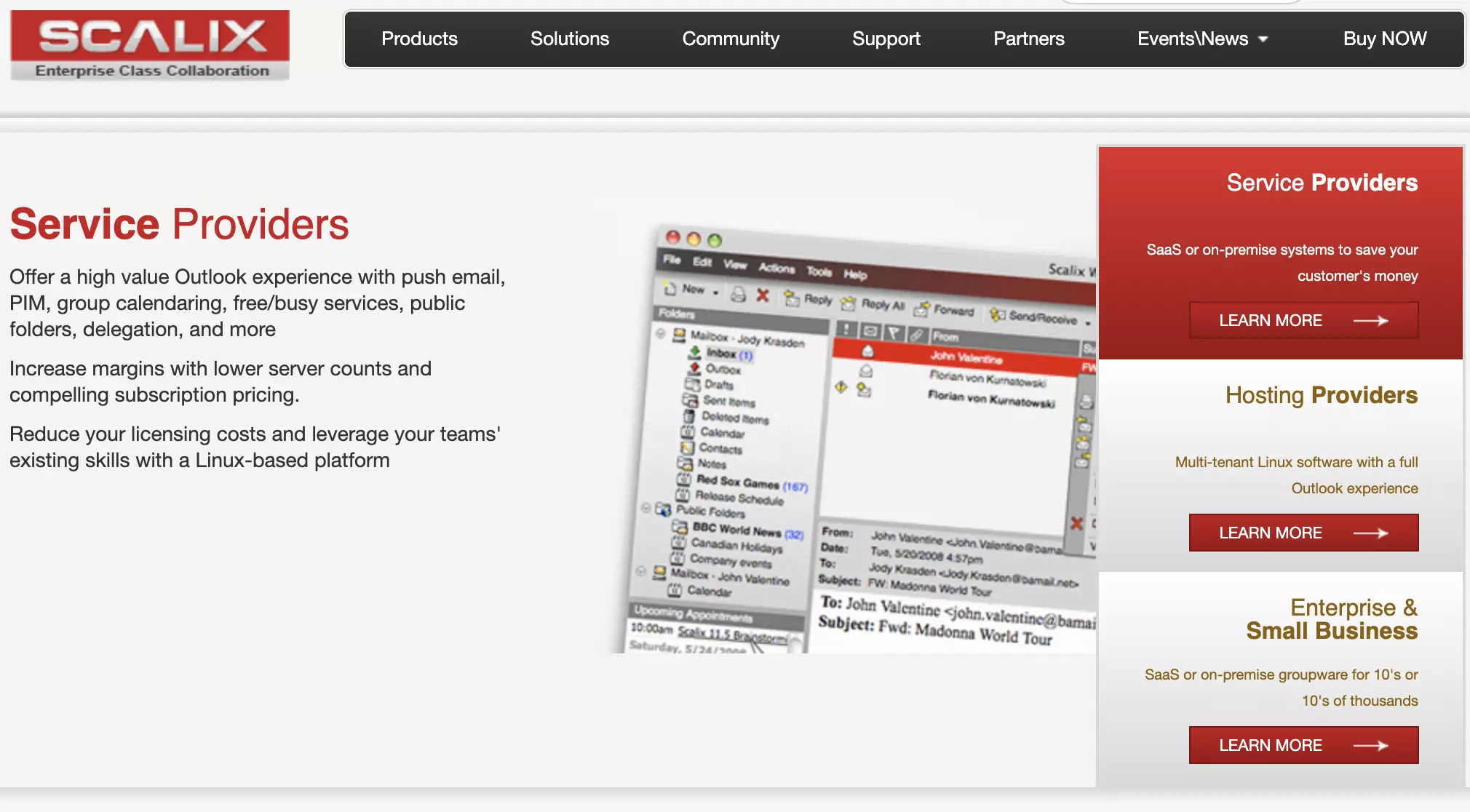 Página inicial do Scalix com recursos e informações listados