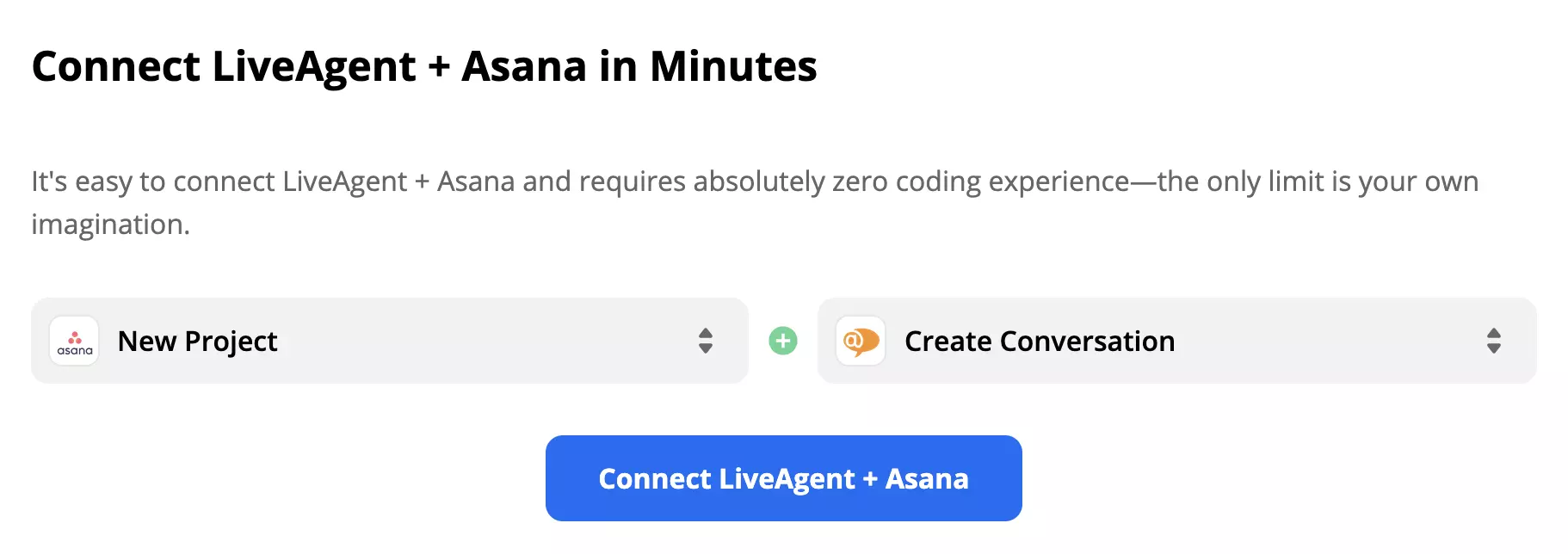 Gatilho Asana selecionado e ação LiveAgent