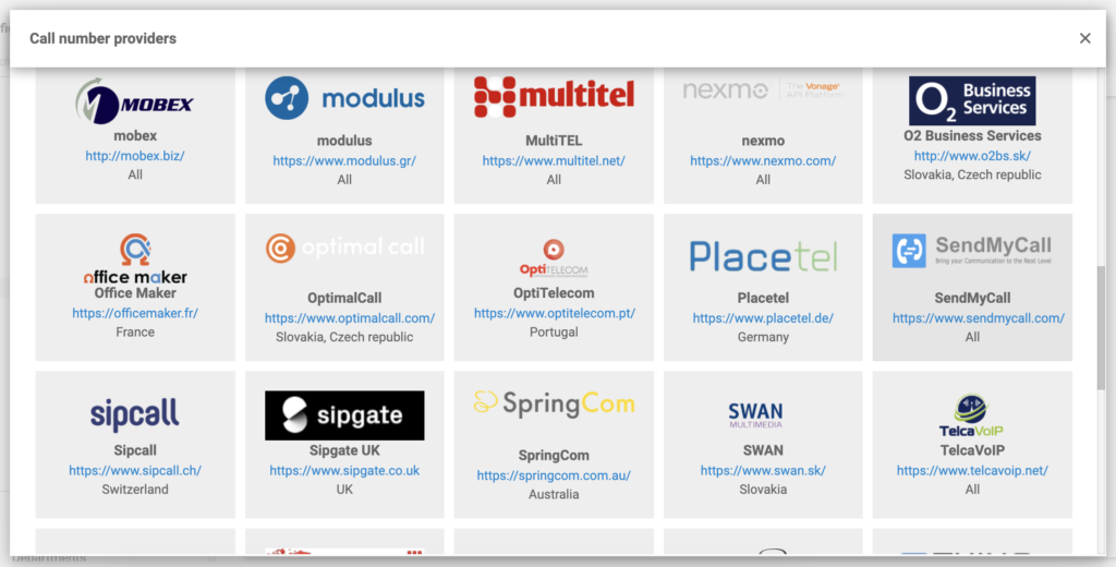 SendMyCall na lista de provedores de VoIP na configuração do LiveAgent