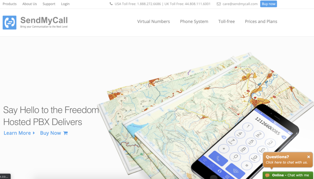 Homepage SendMyCall com botão Comprar agora no canto superior direito