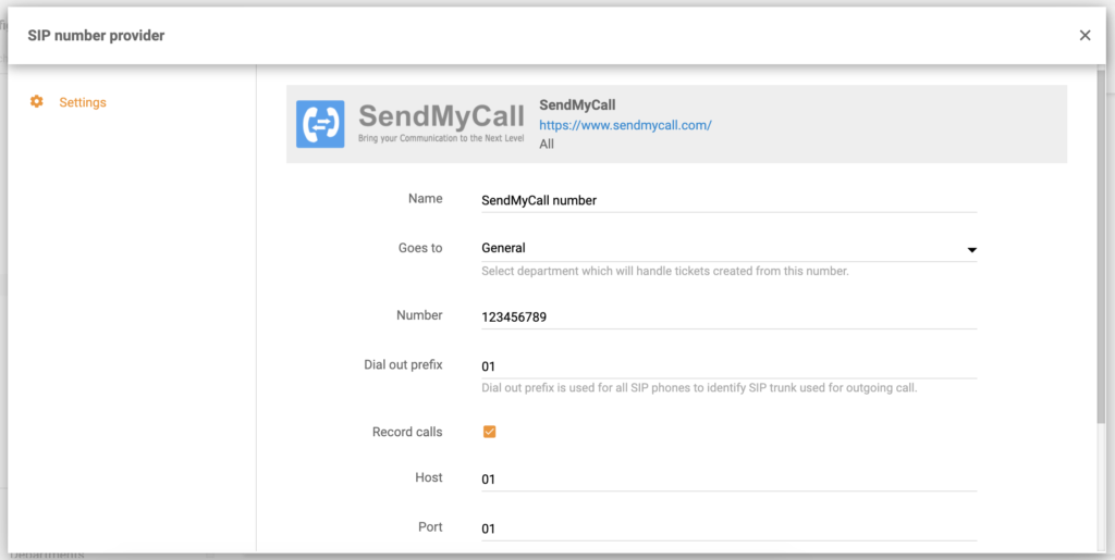 Configuração de número SendMyCall no LiveAgent