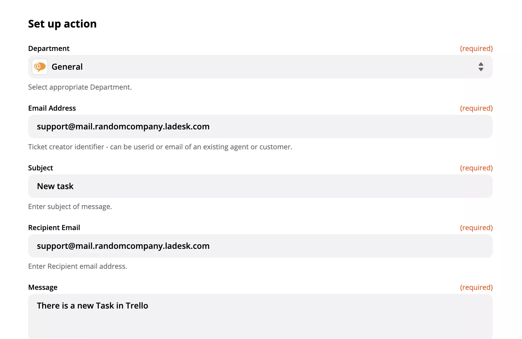 Opções de personalização da ação Criar Conversa do LiveAgent