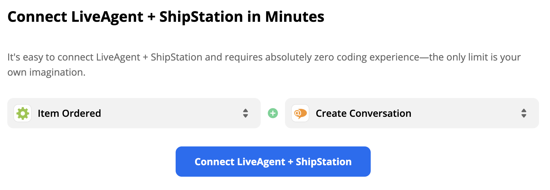 Um gatilho ShipStation Item Pedido e uma ação LiveAgent Criar Conversa na seleção de integração Zapier