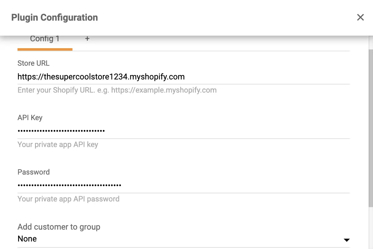 Copie e cole a chave de API e a senha na configuração do plugin Shopify no LiveAgent