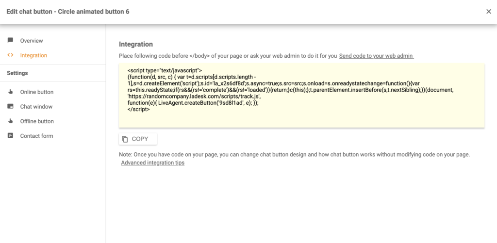 Código de integração do botão de chat Silverstripe no LiveAgent