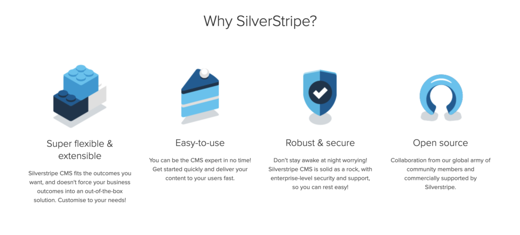 Página inicial do Silverstripe com recursos listados