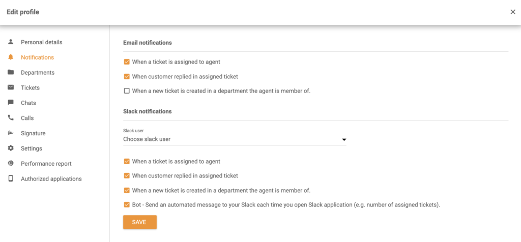 Opções de notificações do Slack na seção Editar perfil