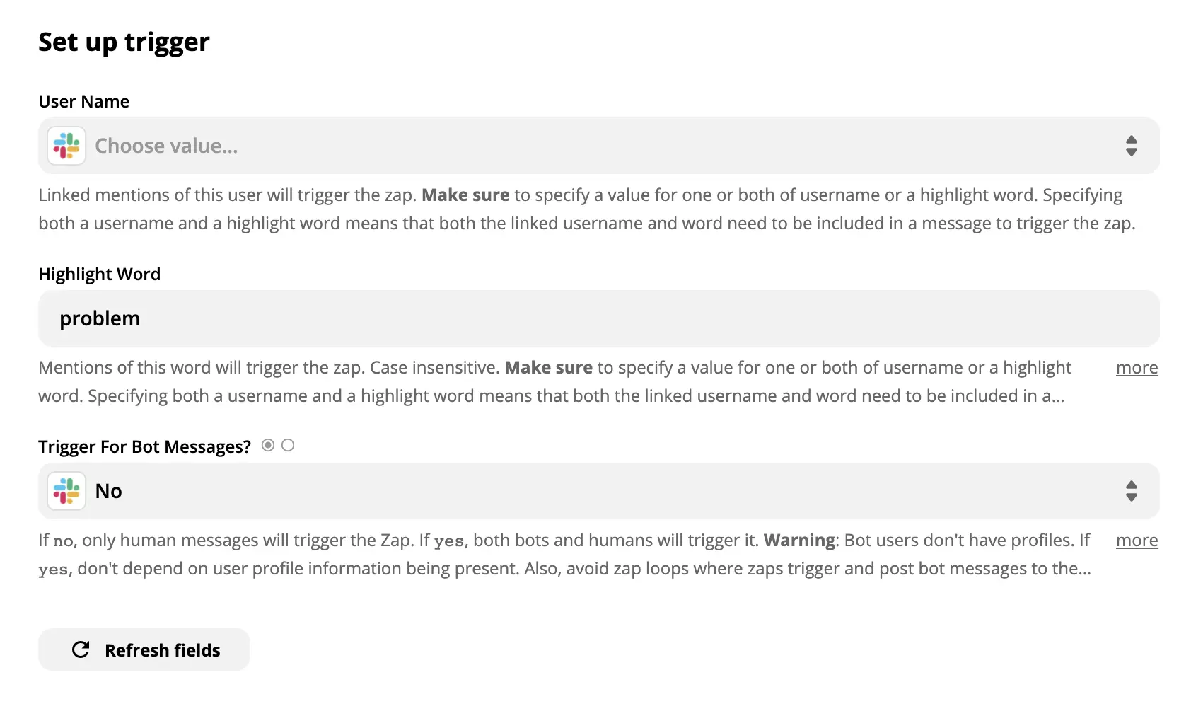 Exemplo de configuração de gatilho Slack no Zapier