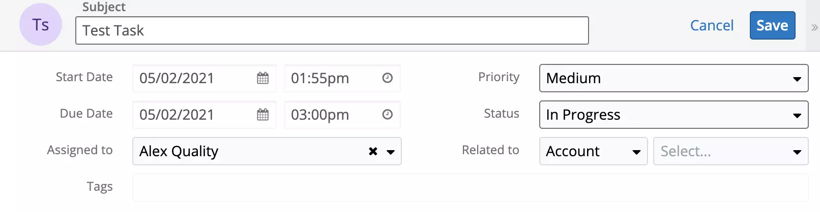 Nova Tarefa foi criada no SugarCRM