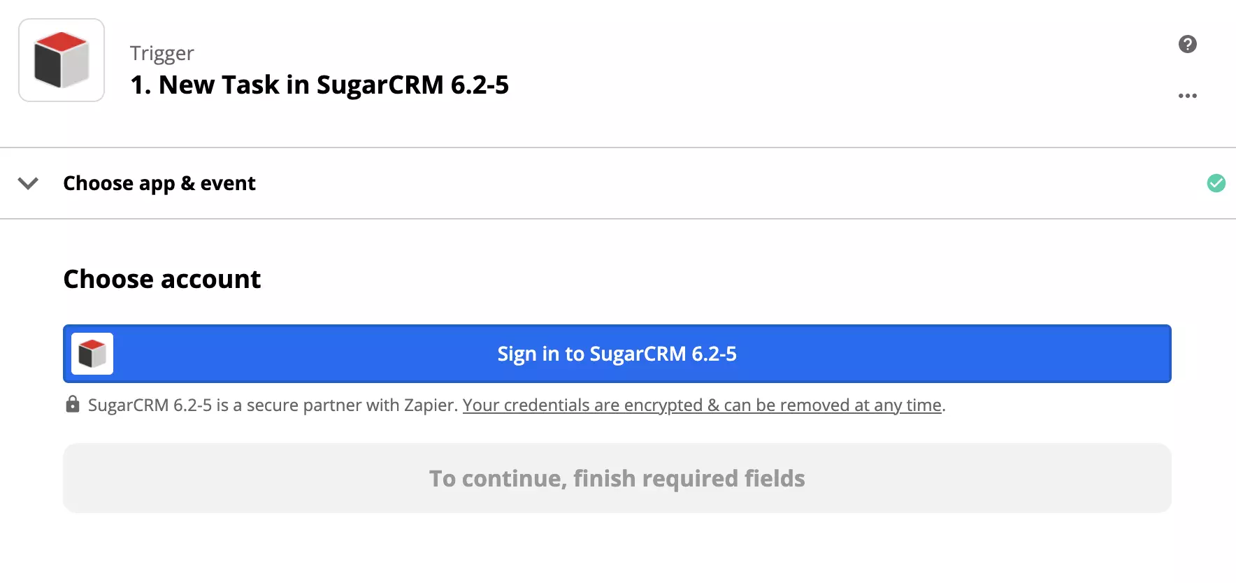 Configuração de gatilho SugarCRM na integração Zapier