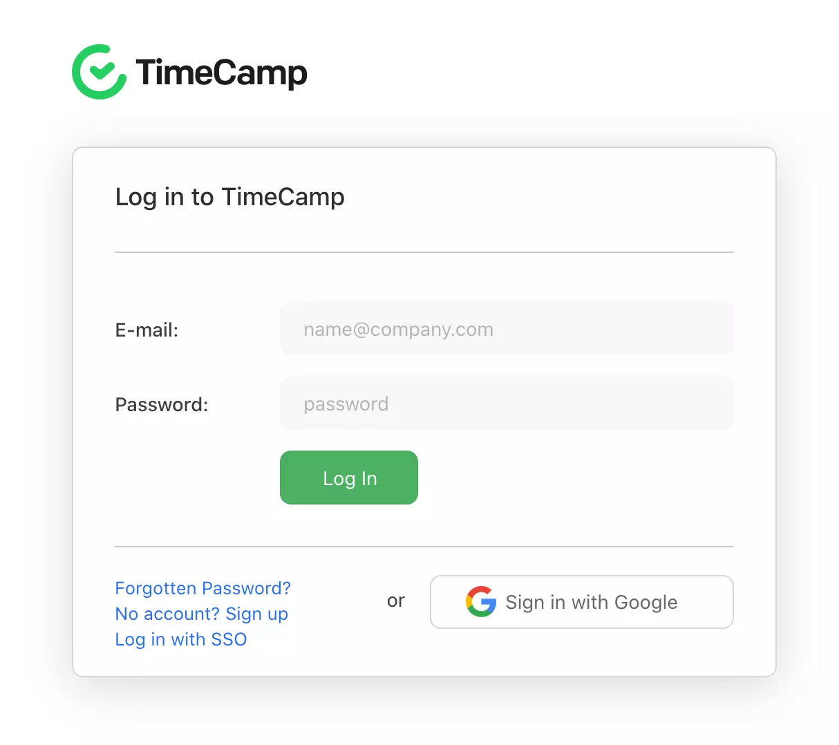 Página de login do TimeCamp