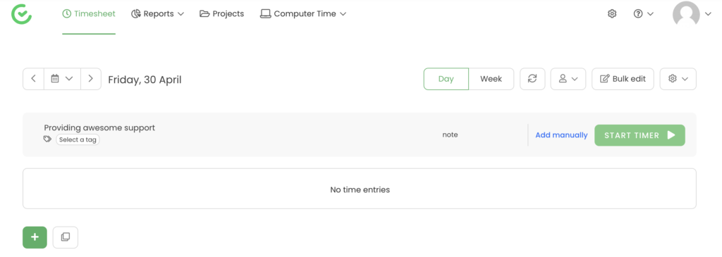 Seleção de projetos no TimeCamp com temporizador de início