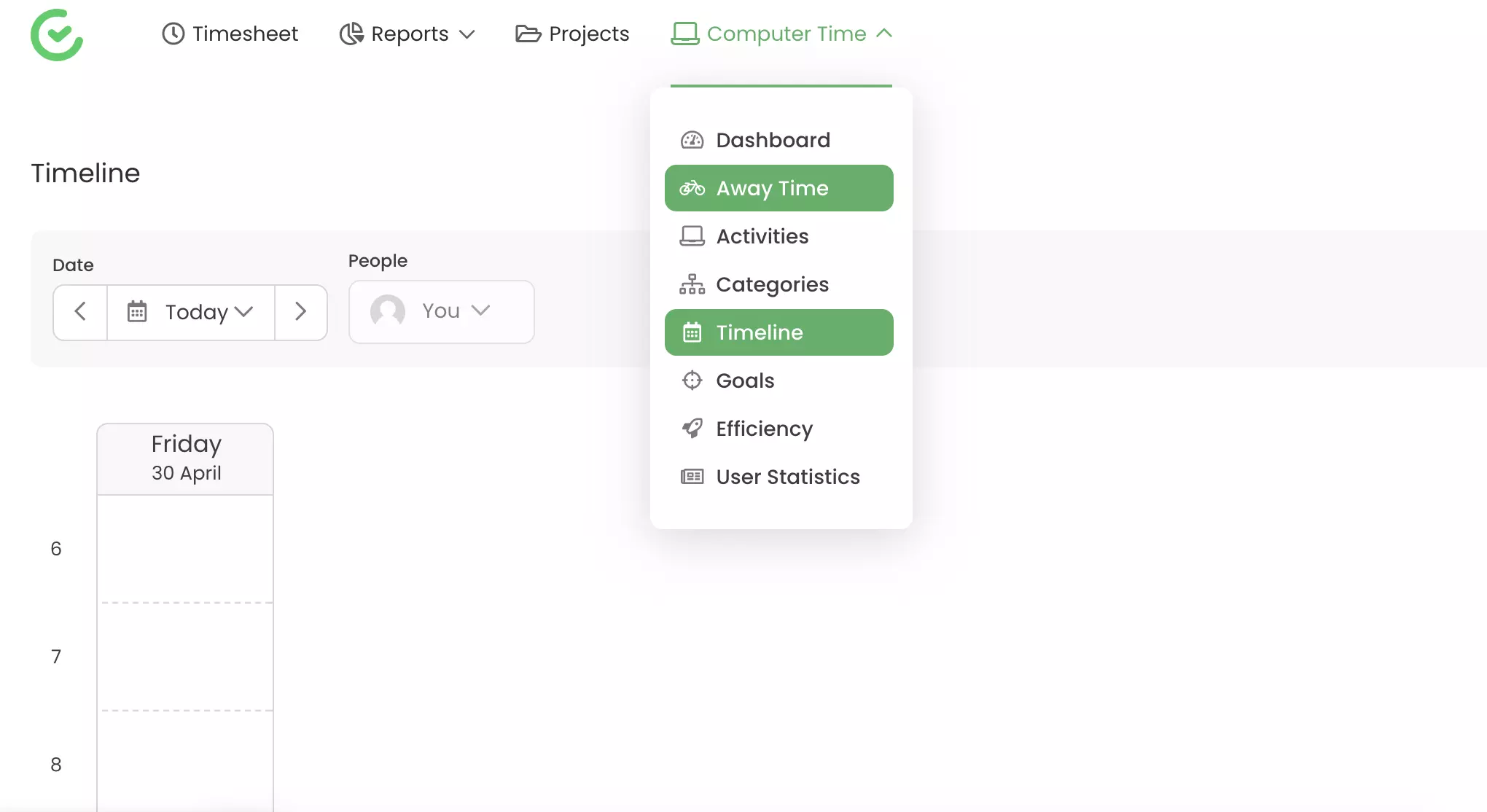 Capacidades de rastreamento como tempo ausente e linha do tempo visíveis no TimeCamp
