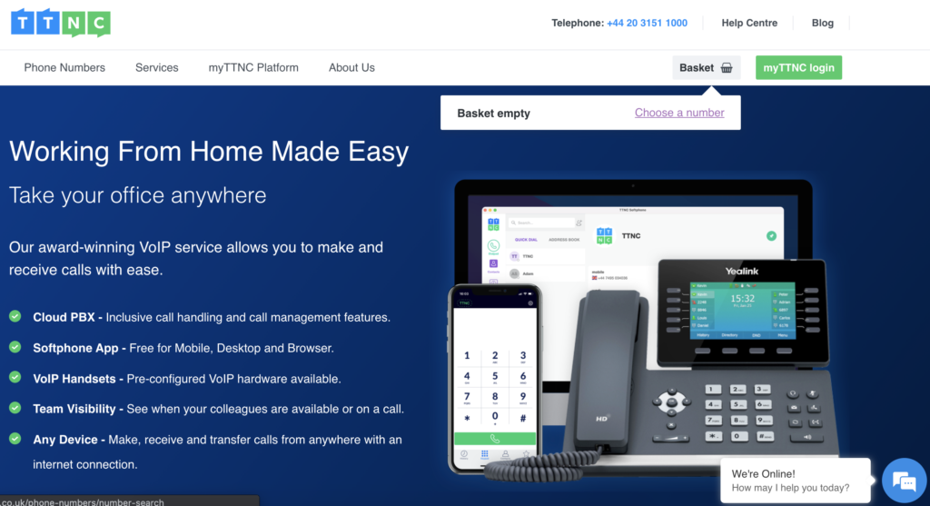 Site TTNC com opção de carrinho e escolher um número no canto superior direito