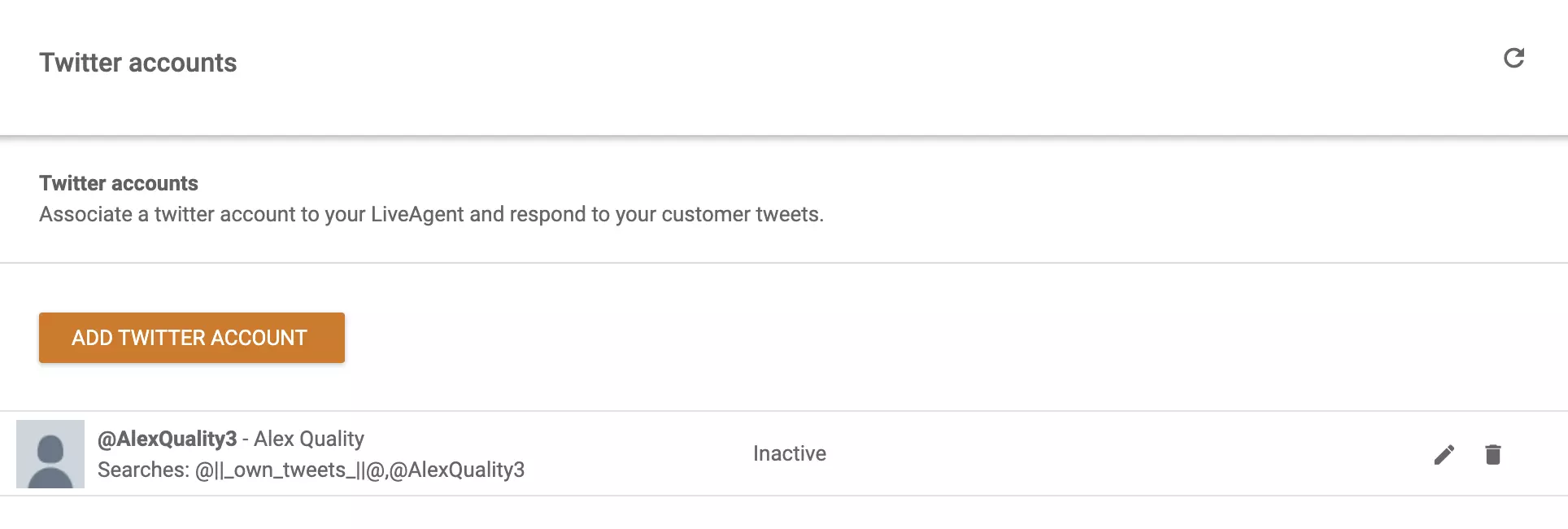 Imagem de contas conectadas ao LiveAgent e a opção de adicionar outra conta do Twitter (X) à lista