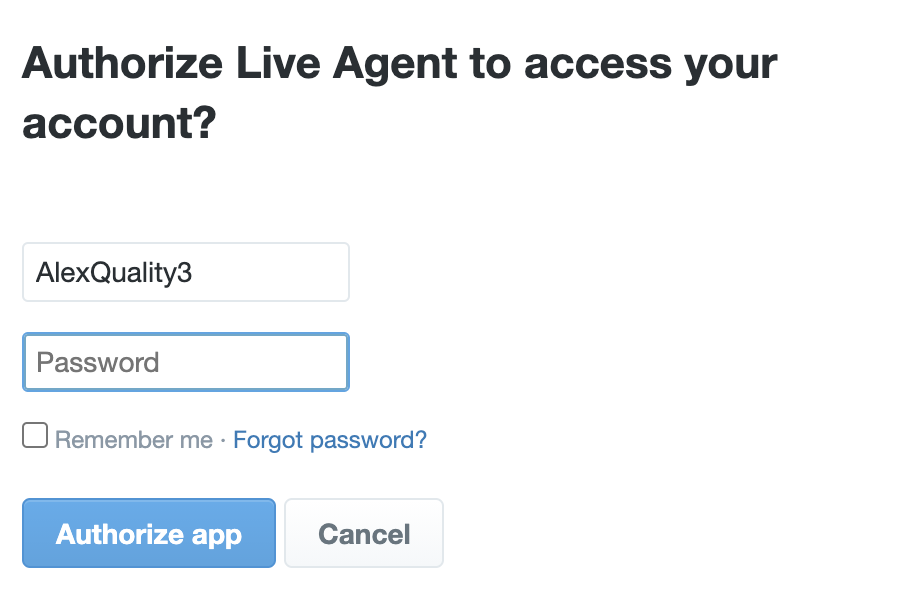 Fazendo login em uma conta do Twitter (X) para autorizar o LiveAgent a obter acesso à sua conta escolhida