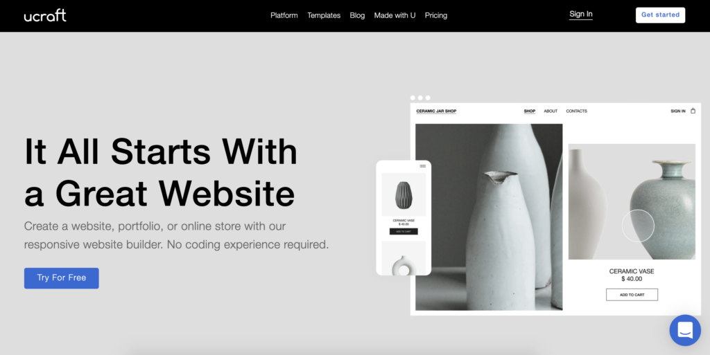 Página inicial do Ucraft com botão Get Started no canto superior direito