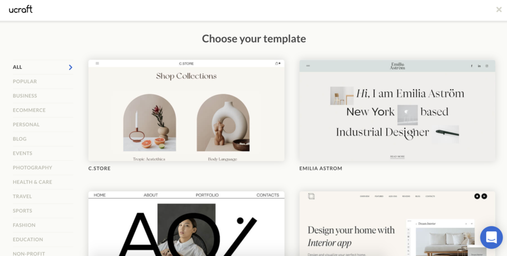 Tela de seleção de modelo Ucraft com múltiplas opções de modelo