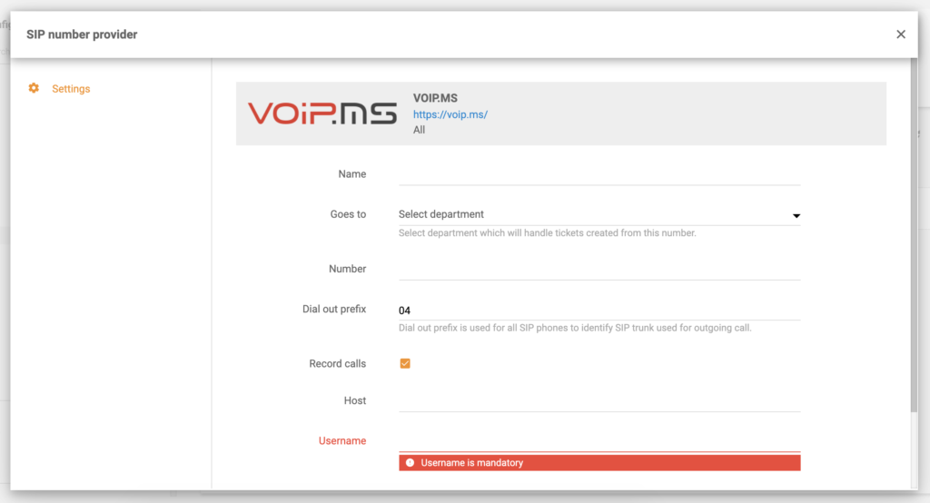 Configuração VoIP.ms nas configurações de chamada do LiveAgent