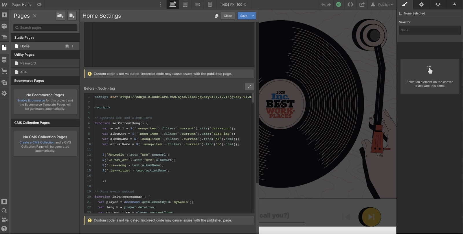Opção de código personalizado do Webflow no processo de integração do LiveAgent