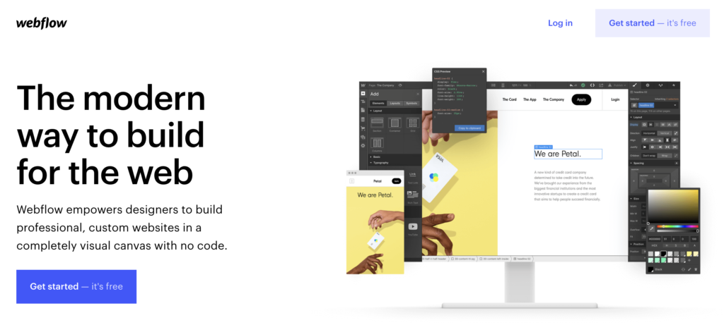 Página inicial do Webflow com opção de teste no canto superior direito