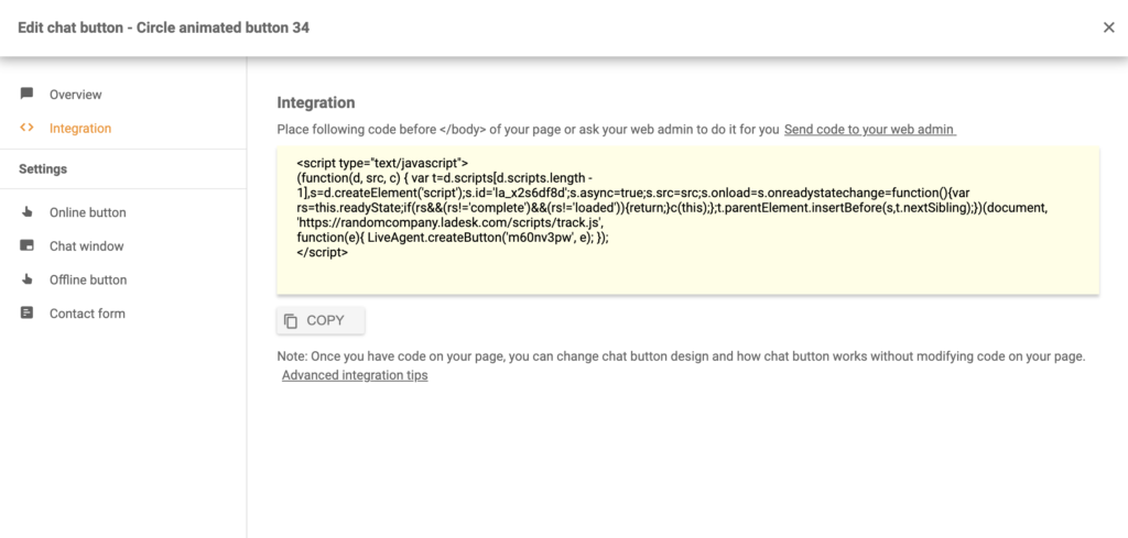 Código do botão de chat após configuração bem-sucedida no LiveAgent