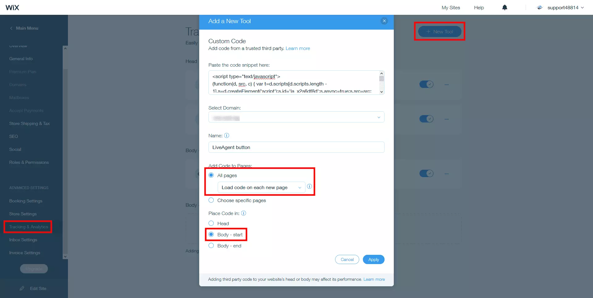 Coloque o código do chat ao vivo do LiveAgent no corpo do site Wix