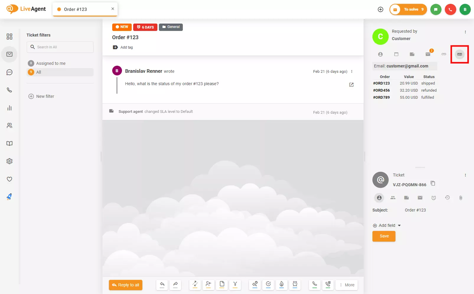 Onde encontrar a integração Woocommerce no ticket do LiveAgent