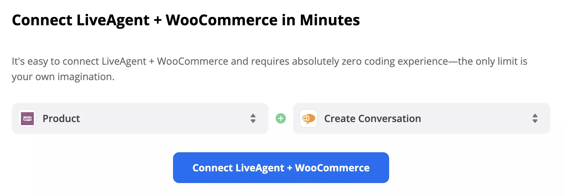 Gatilho WooCommerce e ação LiveAgent selecionados na página de integrações Zapier