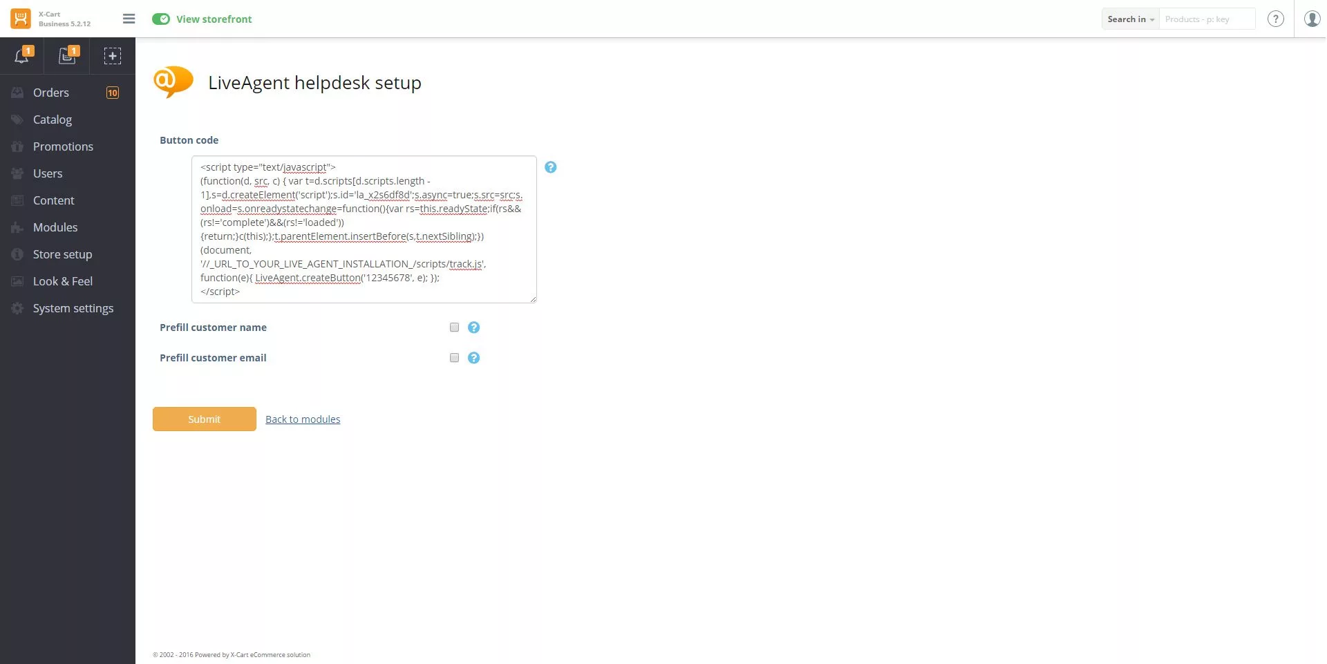 Configuração do código de integração X-Cart LiveAgent