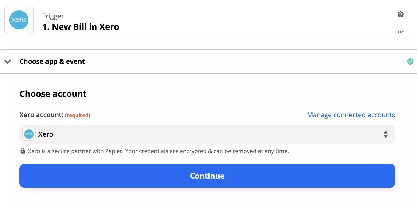 Opções de configuração do gatilho Xero no site Zapier
