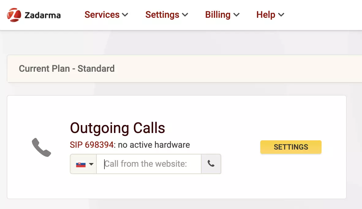 Site do provedor VoIP Zadarma com opção de chamada