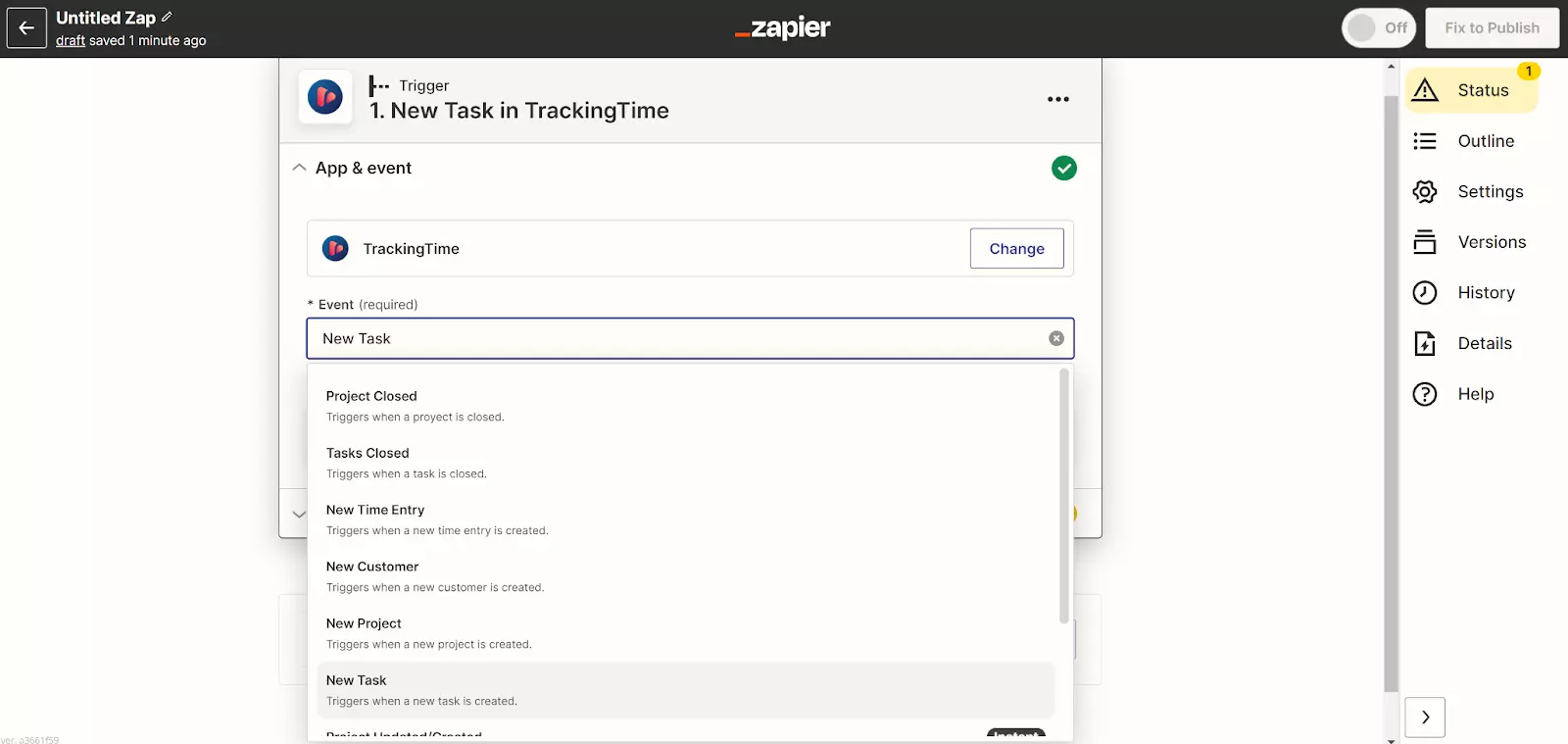 Zapier - nova tarefa em TrackingTime