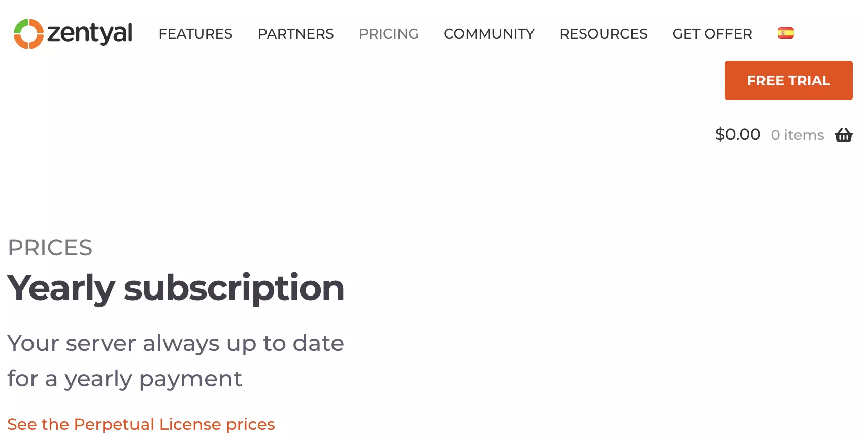 Seção de planos pagos do Zentyal no site Zentyal