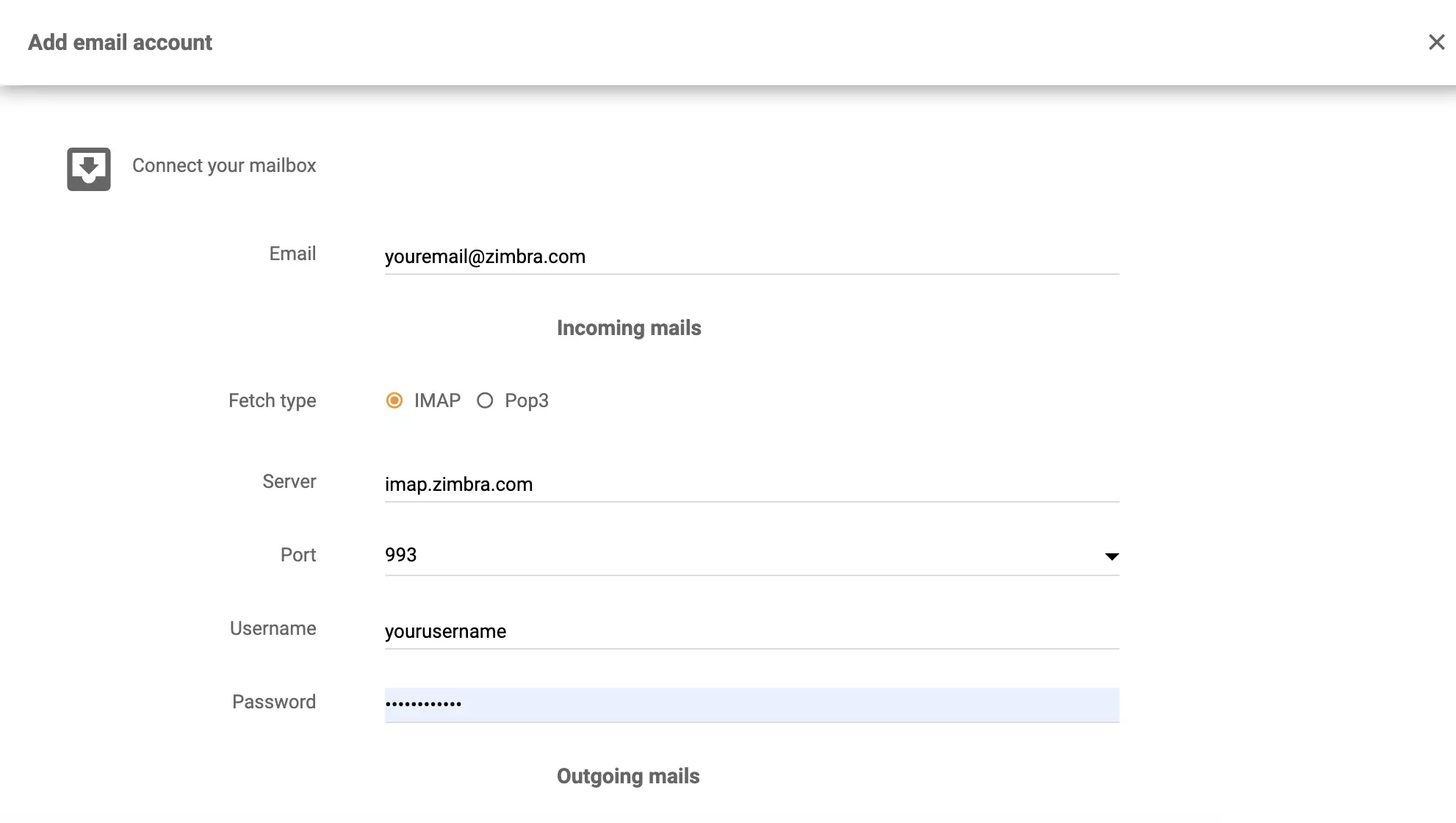 Configuração IMAP/POP3 Zimbra