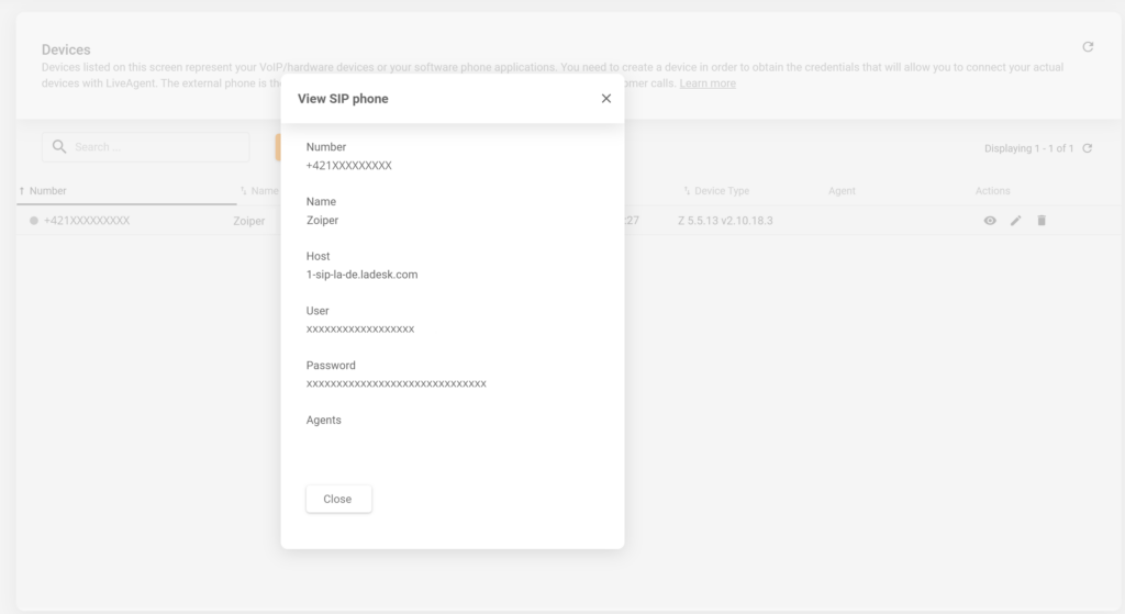 Uma imagem mostrando onde encontrar detalhes do dispositivo SIP em LiveAgent