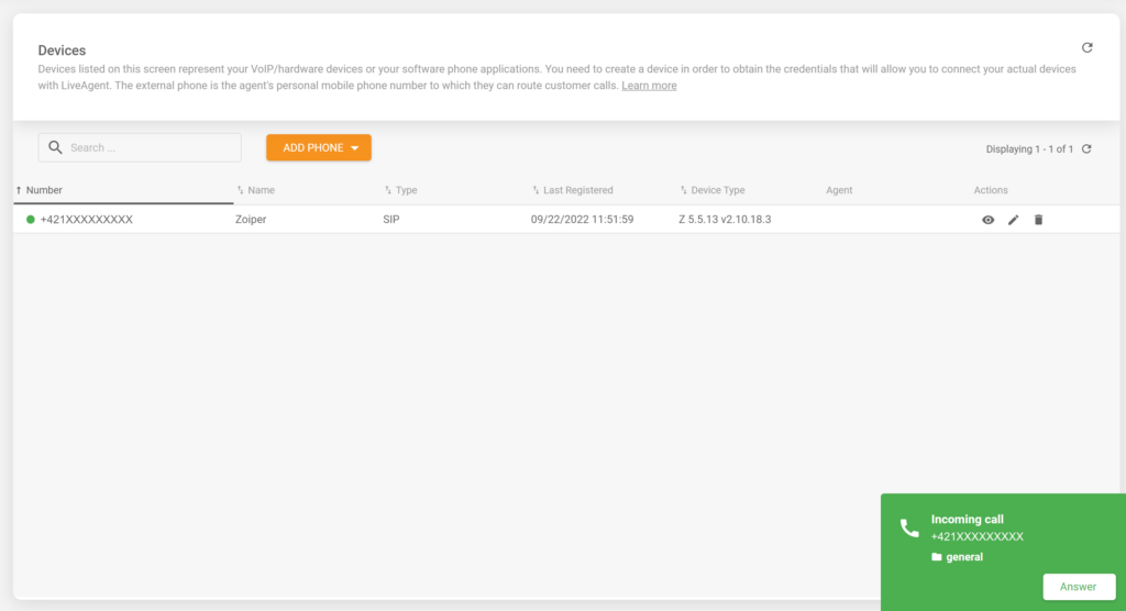Uma imagem mostrando uma chamada recebida em um softphone Zoiper integrado com sucesso com o software de help desk LiveAgent