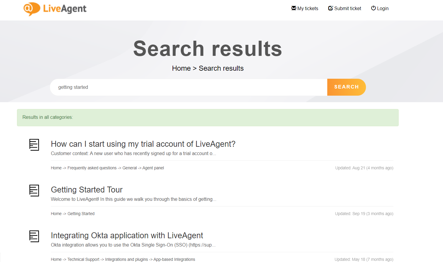 Base de conhecimento da LiveAgent com vários guias de usuário
