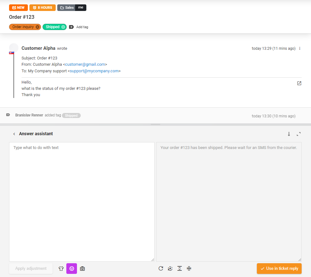 Ferramenta de Assistente de Resposta com IA em uso para uma resposta de ticket.