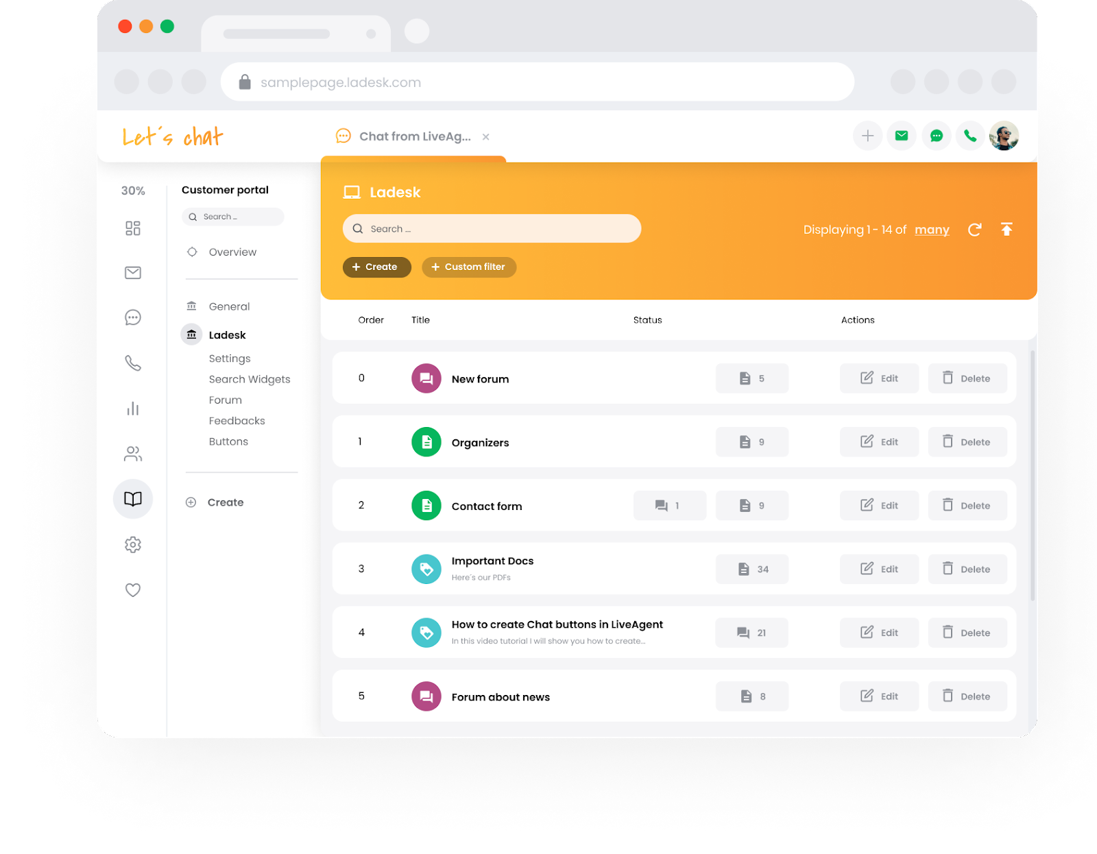 Portal de suporte com base de conhecimento LiveAgent