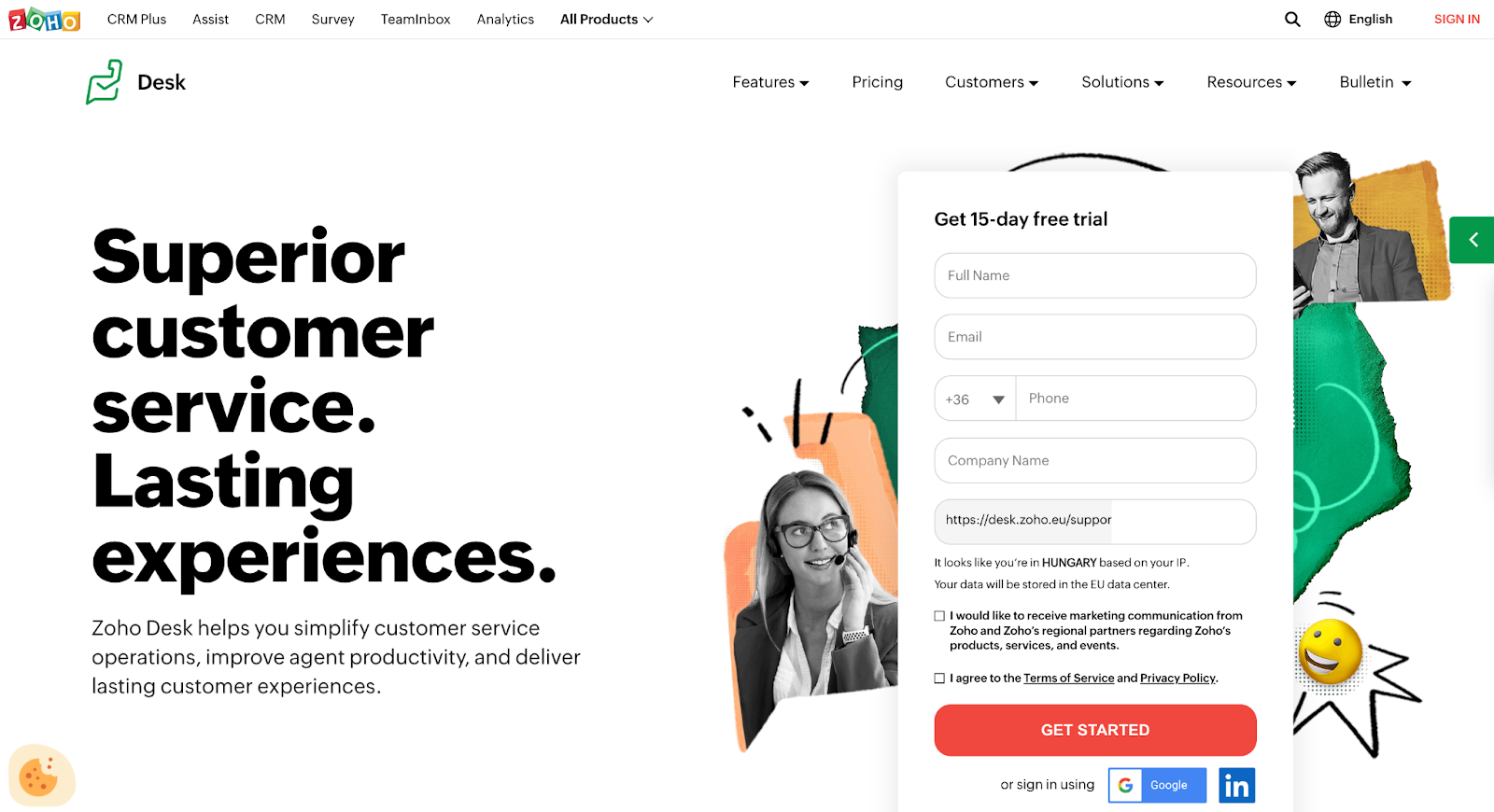 Homepage do sistema de ticketing Zoho Desk